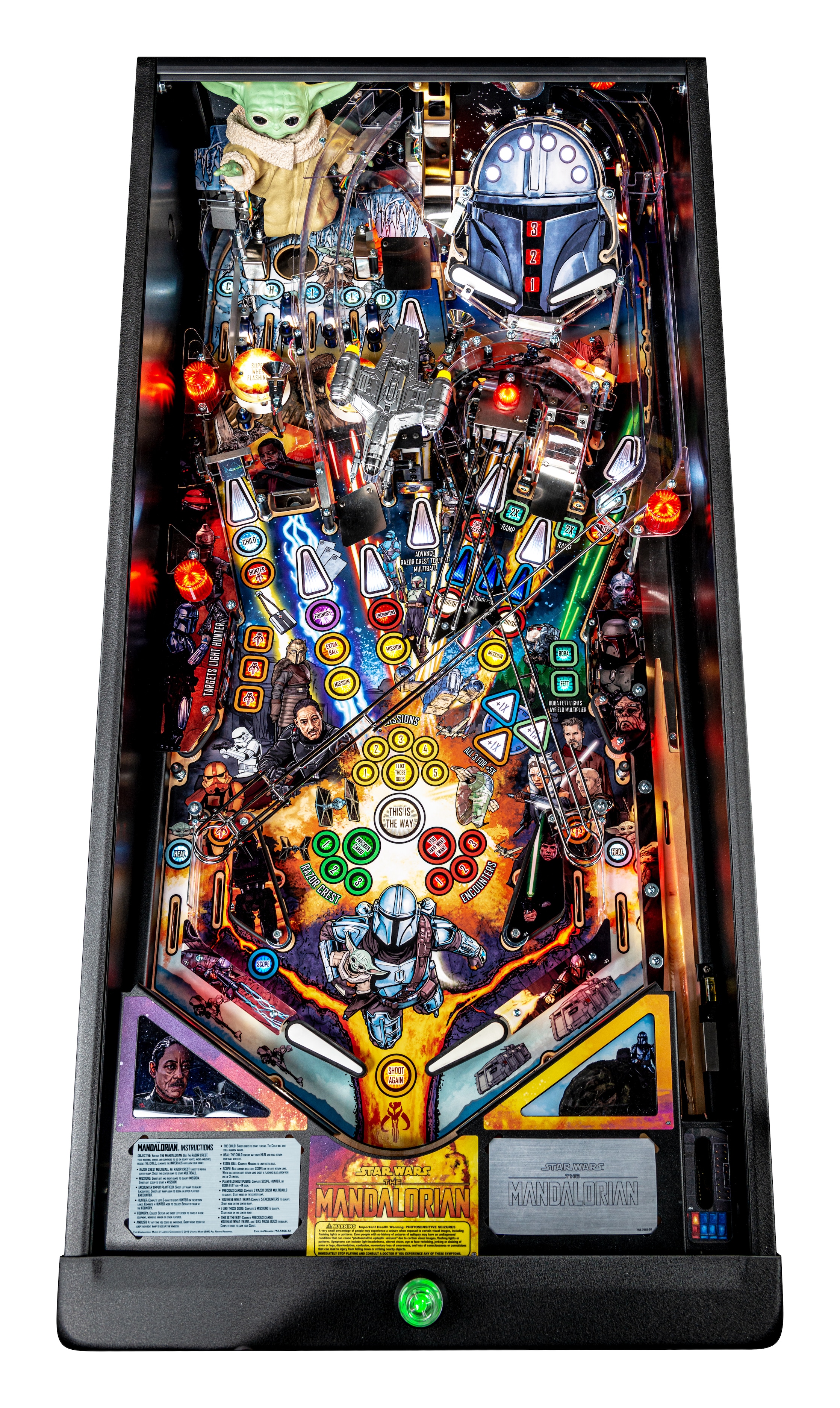 Top-down playfield image of Stern’s The Mandalorian premium playfield layout